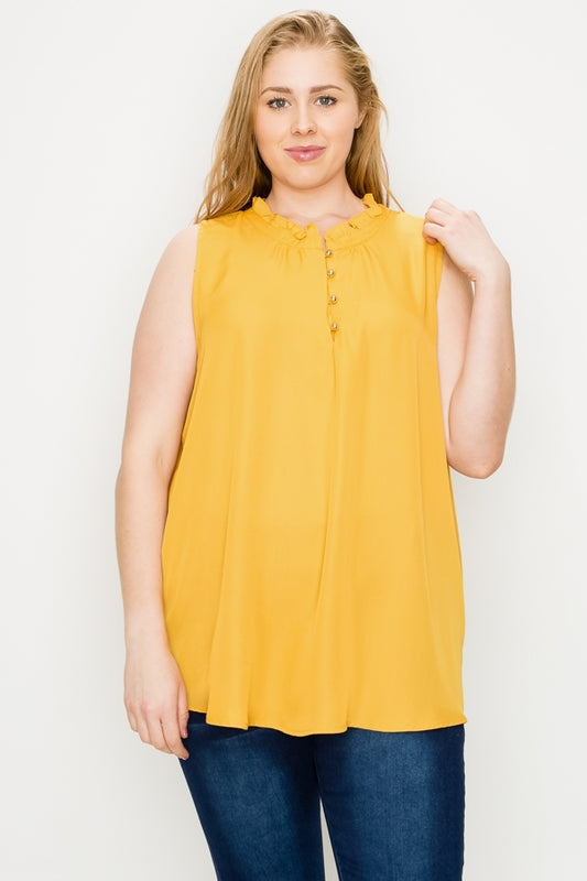 Elegant sleeveless top with ruffle neckline and buttons