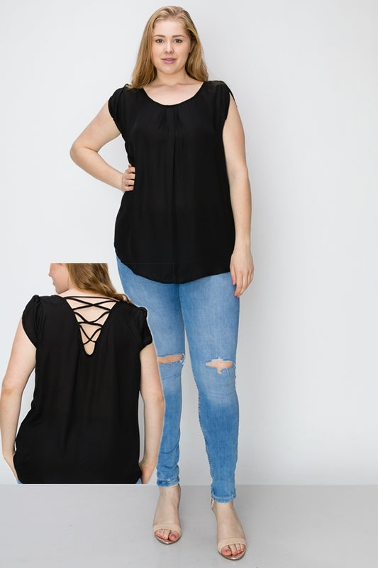 Comfortable women's plus size casual top with crisscross lace-up back and scoop neckline