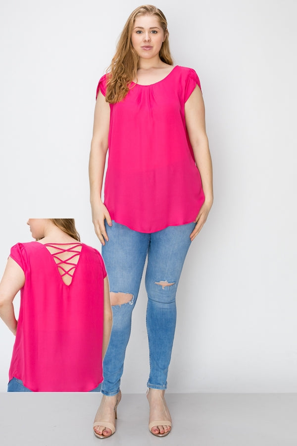 Flowy plus size short sleeve blouse with scoop neck and lace-up back