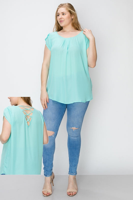 Stylish women's plus size blouse featuring scoop neckline and crisscross back design