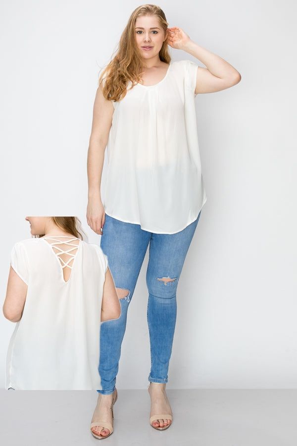 Women's plus size scoop neck blouse with crisscross lace-up back