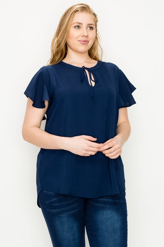Plus size Navy flutter sleeve blouse with tie neck
