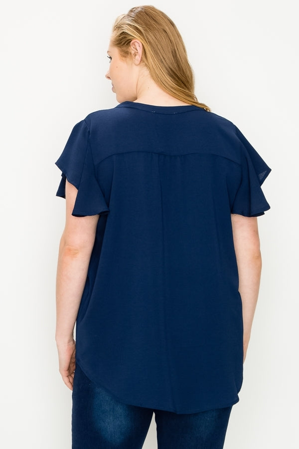 Plus Size Flutter Sleeve Blouse with Tie Neck – Navy Flowy Top
