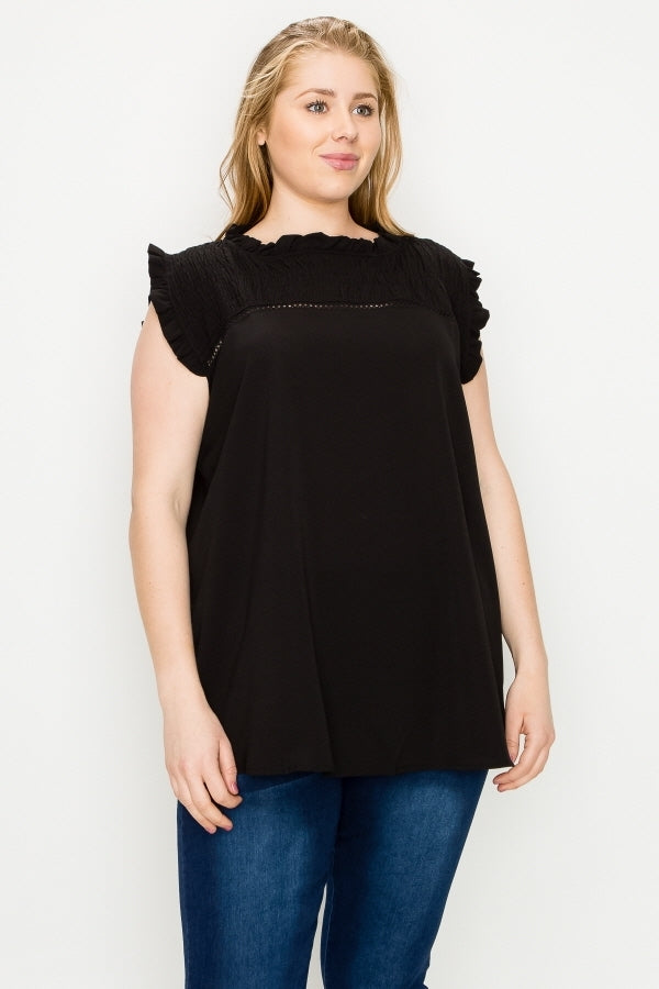 Plus size dressy sleeveless top with smocked neckline