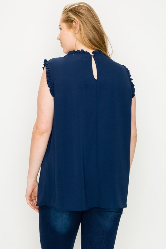 Women’s Plus Size Smocked High Neck Sleeveless Top – Ruffle Shoulder Blouse