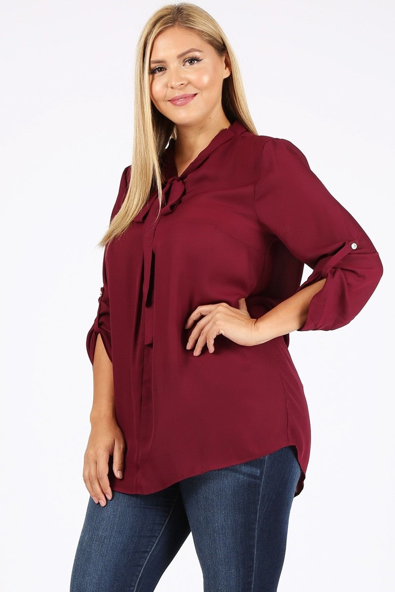 Classic plus size wool dobby blouse with roll-tab sleeves for women