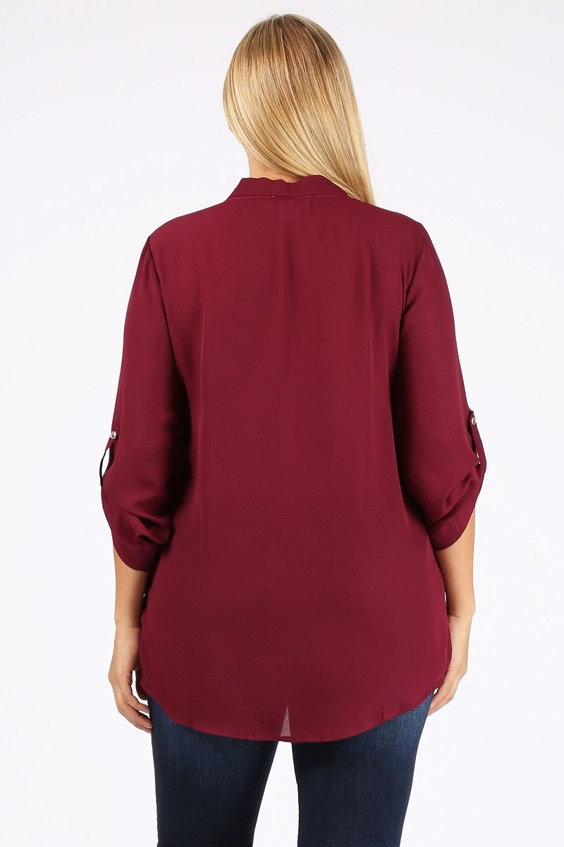 Women's Plus Size Wool Dobby Top – Roll-Tab Sleeve Casual Blouse