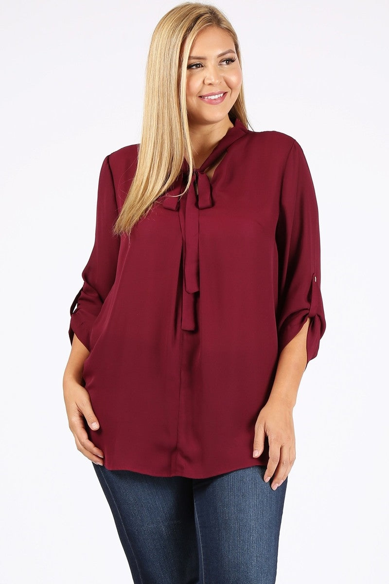 Women's Plus Size Wool Dobby Top – Roll-Tab Sleeve Casual Blouse
