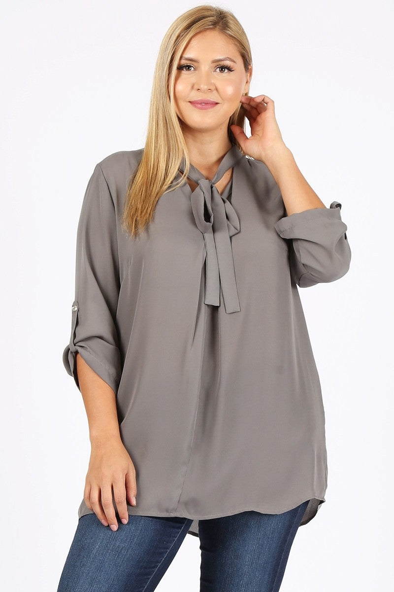 Elegant Plus Size Wool Dobby Blouse – Women's Roll-Tab Sleeve Tunic Style