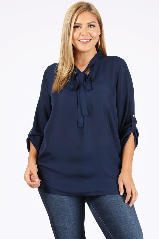 Women's plus size wool dobby blouse with roll-tab sleeves