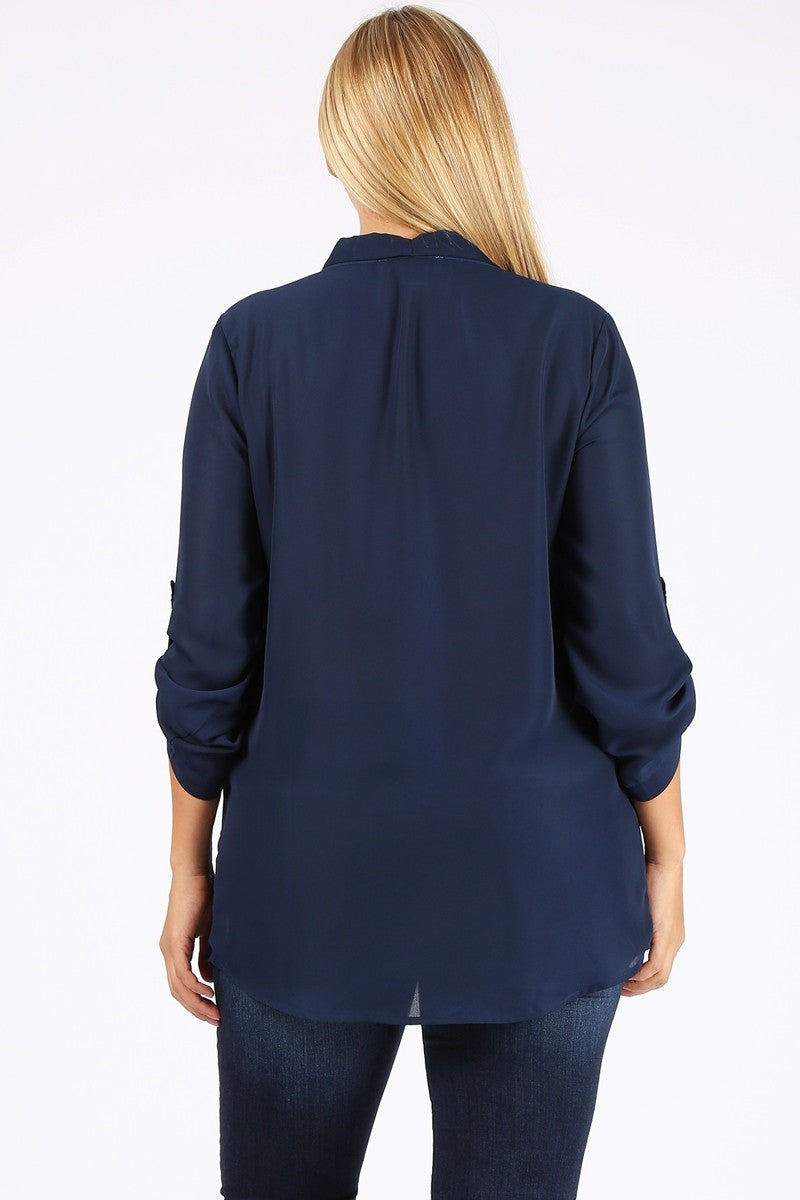 Stylish Plus Size Wool Dobby Blouse – Women's Roll-Tab Sleeve Everyday Top