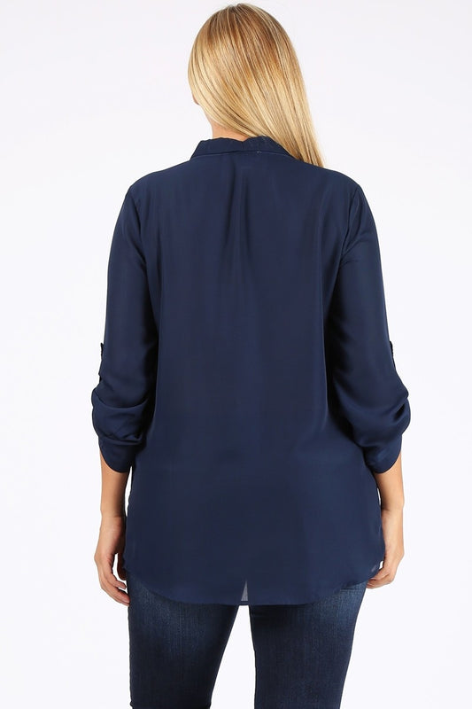 Stylish Plus Size Wool Dobby Blouse – Women's Roll-Tab Sleeve Everyday Top