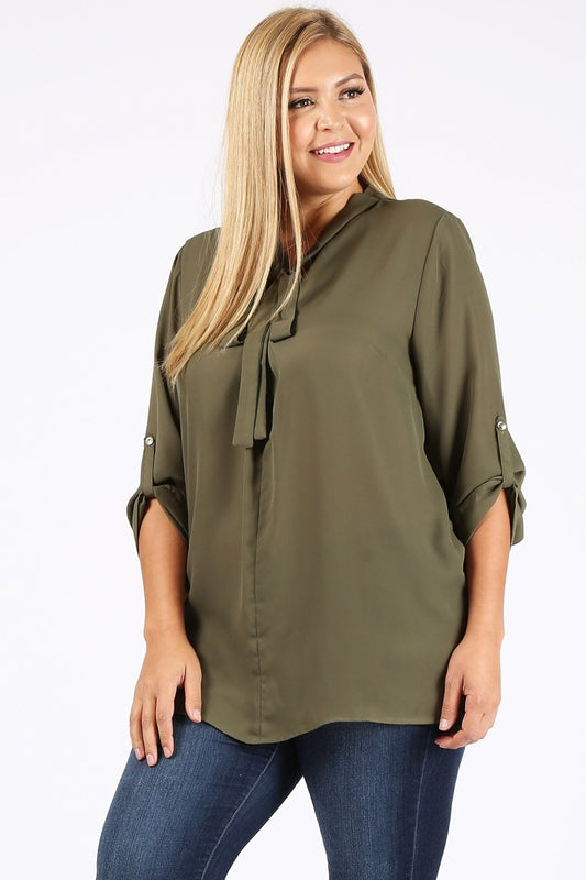 Breathable wool dobby fabric top – women's plus size roll-tab sleeve blouse