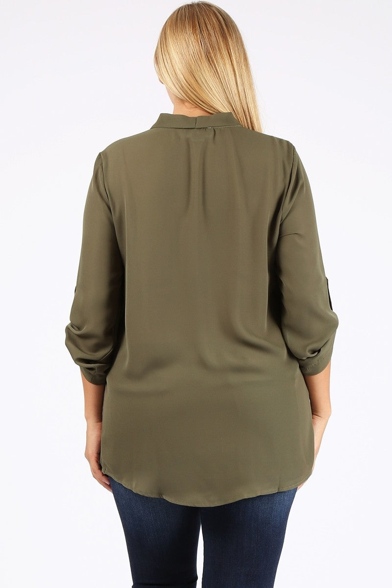 Comfortable Women's Plus Size Wool Dobby Top – Lightweight Roll-Tab Sleeve Casual Wear
