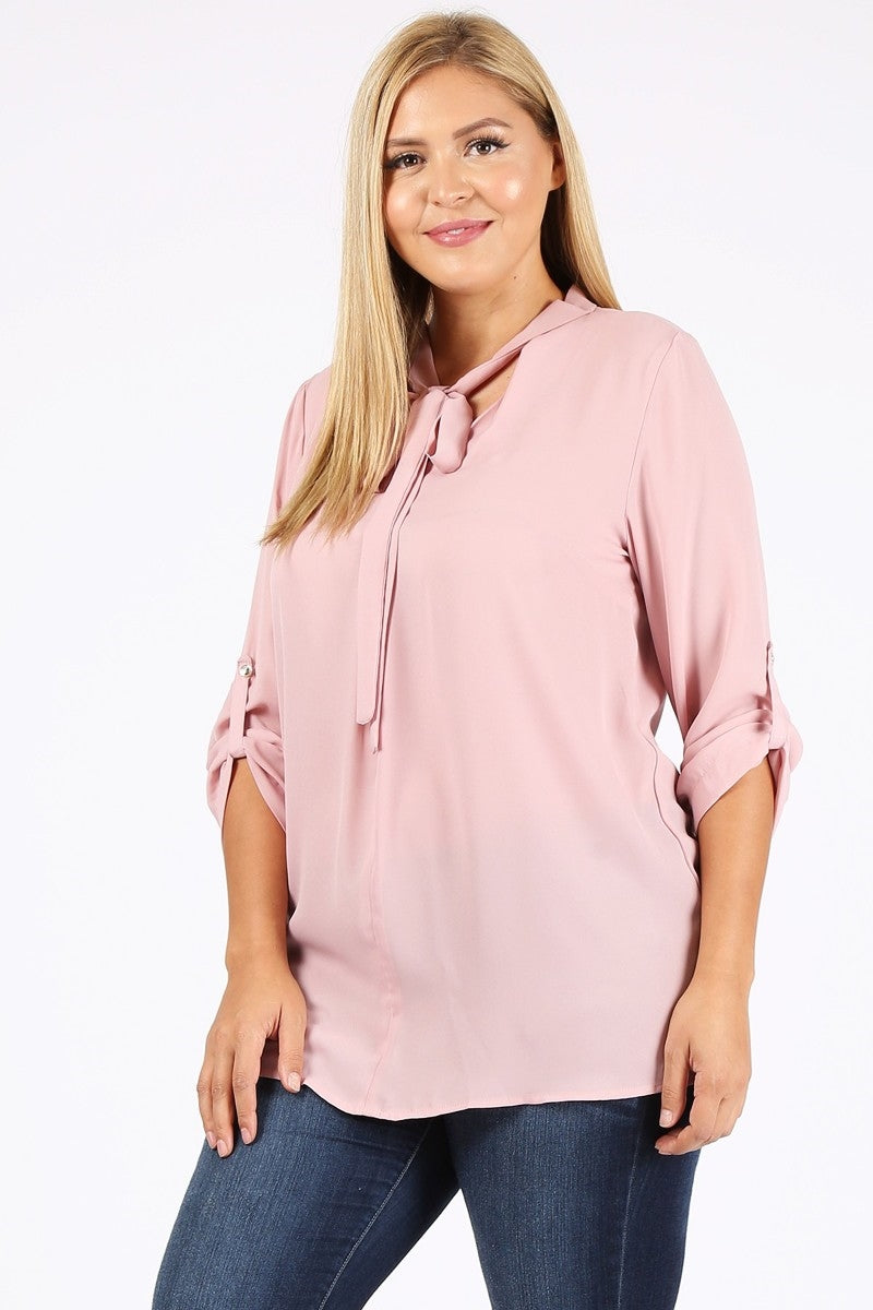Casual plus size wool dobby top for women featuring roll-tab sleeves