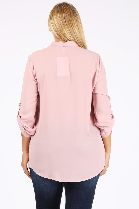 Women's Plus Size Wool Dobby Top – Roll-Tab Sleeve Casual Blouse