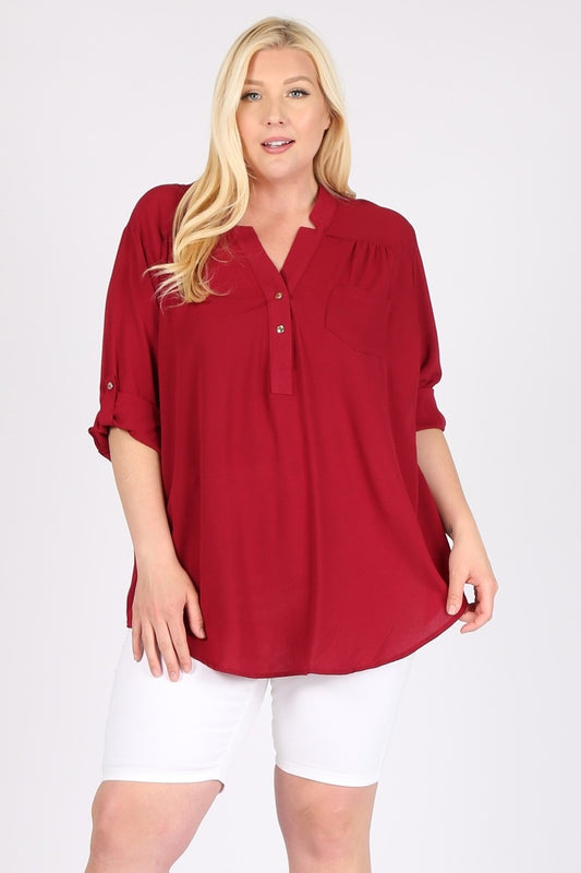 Classic plus size Henley tunic blouse in wool dobby fabric for women