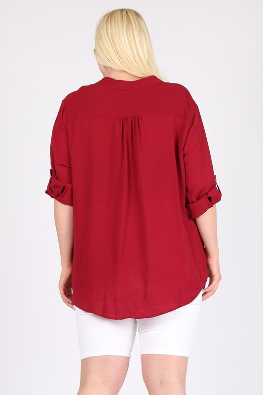 Women's Plus Size 3/4 Sleeve Henley Blouse – Wool Dobby Casual Tunic Top