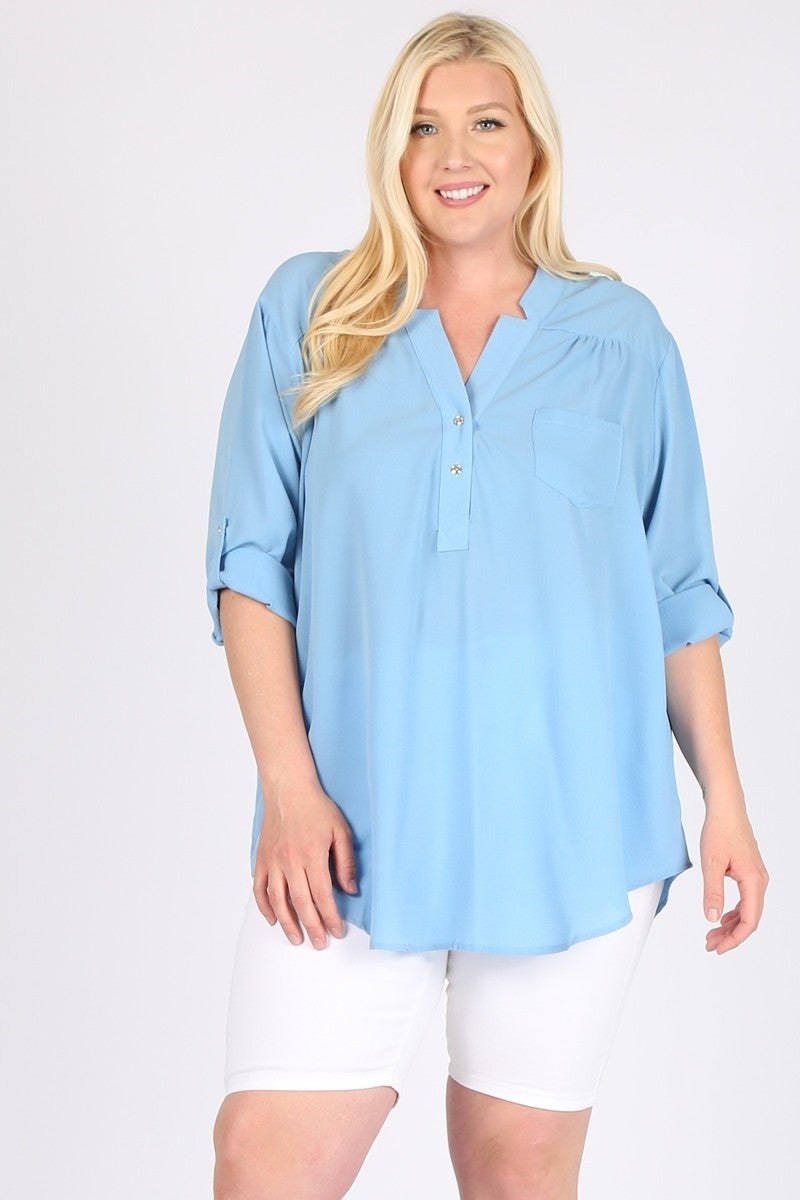Women's Plus Size 3/4 Sleeve Henley Blouse – Wool Dobby Casual Tunic Top