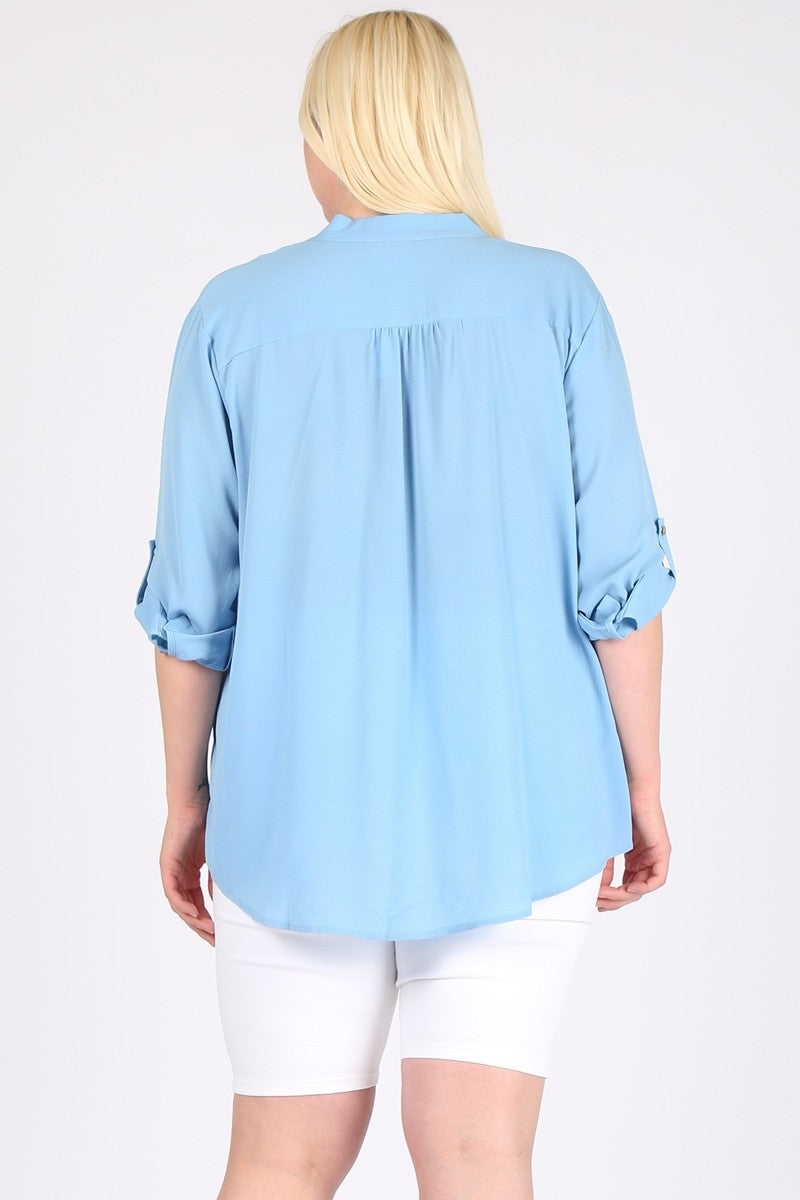 Women's Plus Size 3/4 Sleeve Henley Blouse – Wool Dobby Casual Tunic Top