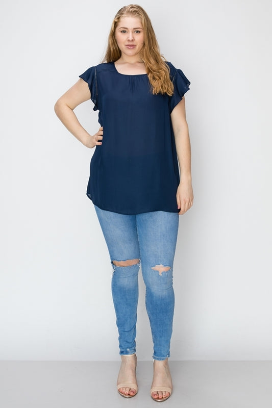 Casual plus size wool dobby top for women with short sleeves