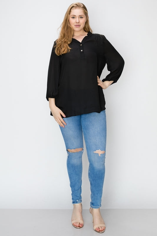Comfortable plus size Henley tunic top made of wool dobby fabric