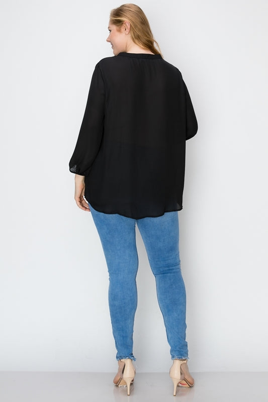 Comfortable Women's Plus Size Wool Dobby Henley – 3/4 Sleeve Tunic Style Blouse