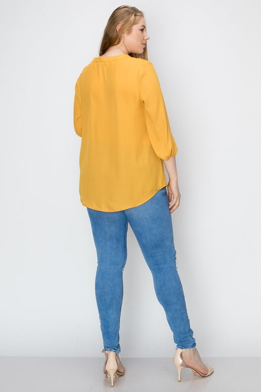Elegant Plus Size Henley Top – Women's Wool Dobby Blouse with 3/4 Sleeves