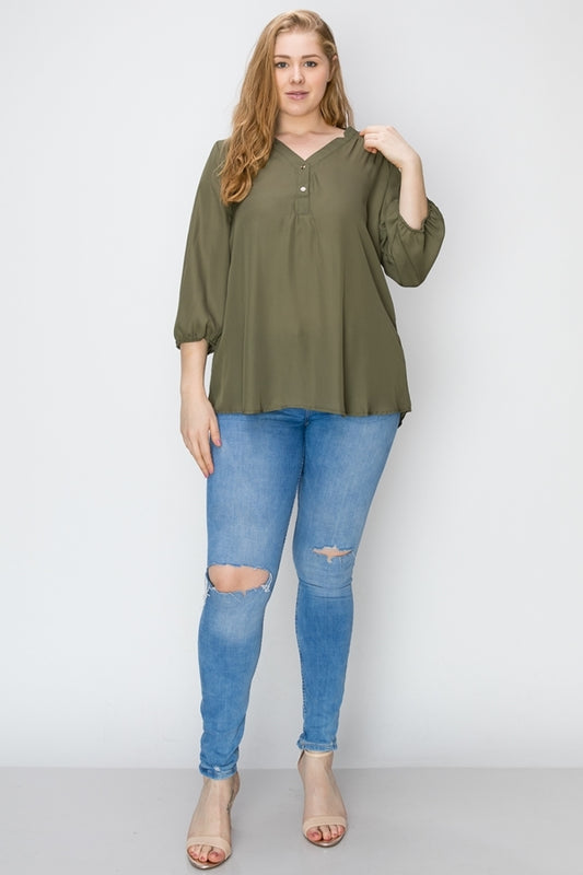 Women's plus size wool dobby Henley blouse with 3/4 sleeves