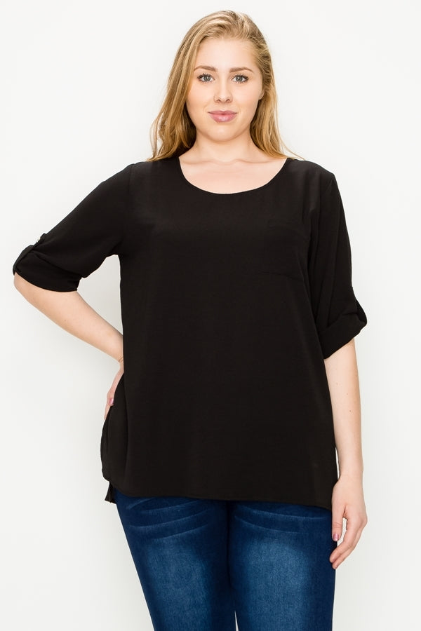 Women's Plus Size Koshibo Roll-Tab Sleeve Tunic – Flowy Casual Blouse Top