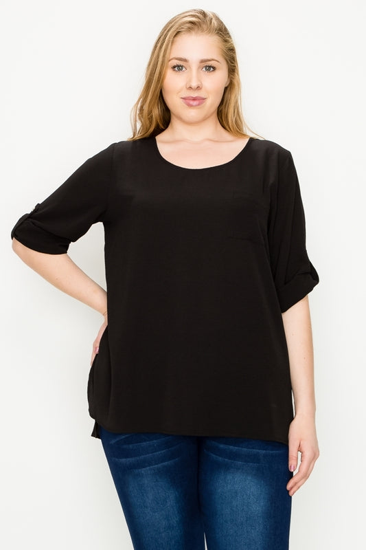 Women's Plus Size Koshibo Roll-Tab Sleeve Tunic – Flowy Casual Blouse Top