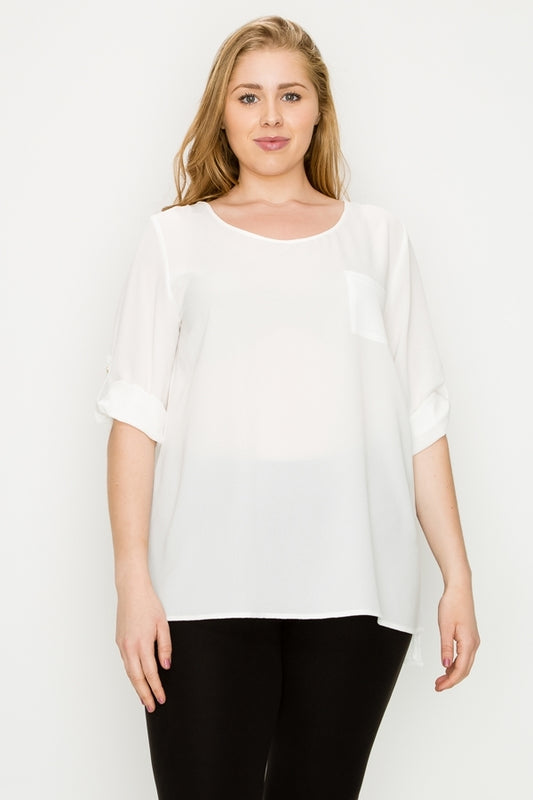 Women's Plus Size Koshibo Roll-Tab Sleeve Top – Lightweight Casual Blouse