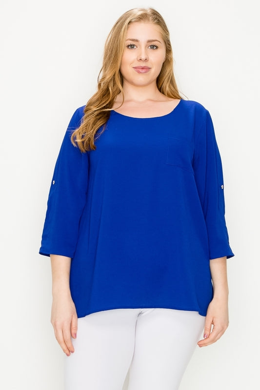 Women's Plus Size Koshibo Roll-Tab Sleeve Blouse – Lightweight Casual Top
