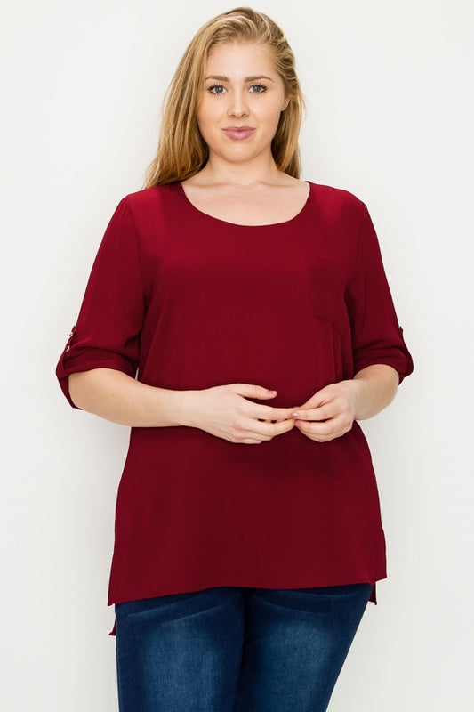 Elegant Women's Plus Size Koshibo Top – Roll-Tab Sleeve Casual Blouse