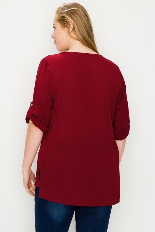 Elegant Women's Plus Size Koshibo Top – Roll-Tab Sleeve Casual Blouse