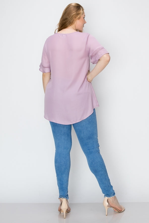 Women's Plus Size Wool Dobby Pintuck Hi-Low Tunic – Short Sleeve Blouse