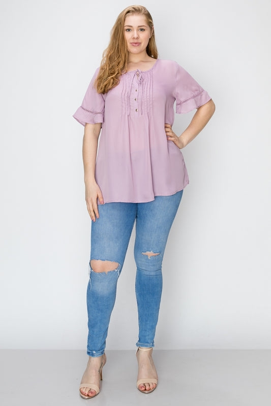 Women's plus size wool dobby pintuck hi-low tunic with short sleeves