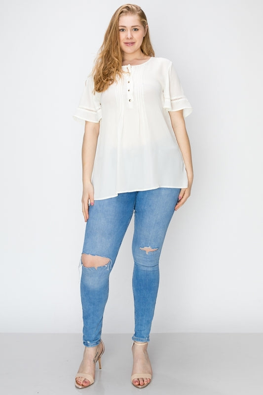 Casual hi-low tunic top in wool dobby fabric for plus size women